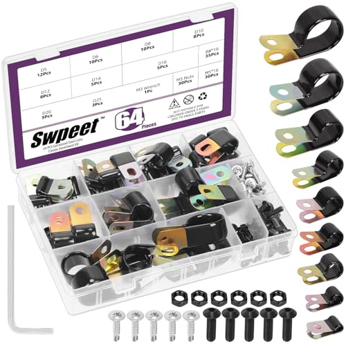 Swpeet Stainless Steel Cable Kit Assortimento da 64Pcs 9 Misure (5mm-25mm, 1/4) Fascette Rivestite in Vinile Zincate e 95Pcs Dadi e Viti Esagonali, Isolate con Guarnizione in Gomma, Morsetti