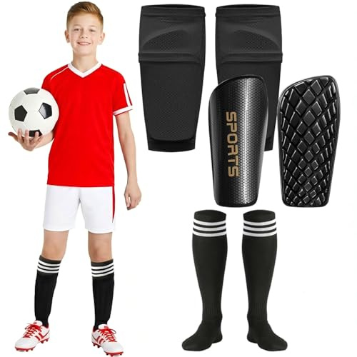 Schienbeinschoner Kinder Fussball, mit Schienbeinärmeln & Fußballsocken für Jungen & Mädchen im Alter von 3–8,8–10,10–12,12-16 Jungen & Mädchen (Schwarz, L (Kinder, 9-12 Jahre))