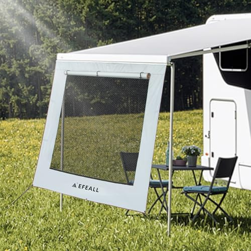 EFEALL Auvent pour Camping-car Pare-vent 2 x 2,8 m, Protection UPF 50+, Imperméable, avec Fenêtre Panorama Réglable (Tissu+Maille), Bloqueur de Soleil pour Barres de Toit en Cuir avec Ø 5–7 mm