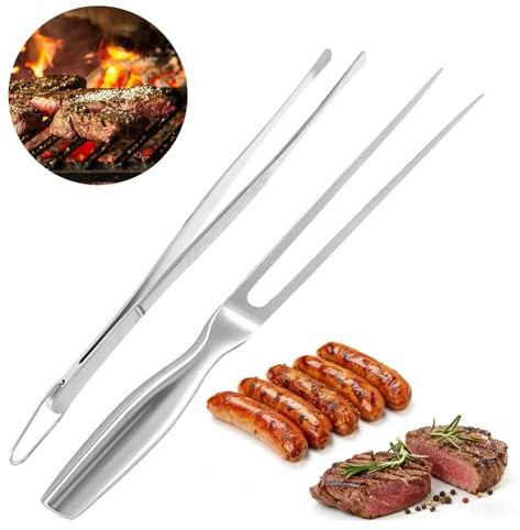 Fourchette Barbecue + Pince Cuisine Inox, Fourchette 27CM, Pince Cuisine 30CM, Fourche Accessoires, Ustensiles Inox, pour Barbecue, Dinde, Rôti, Dîner