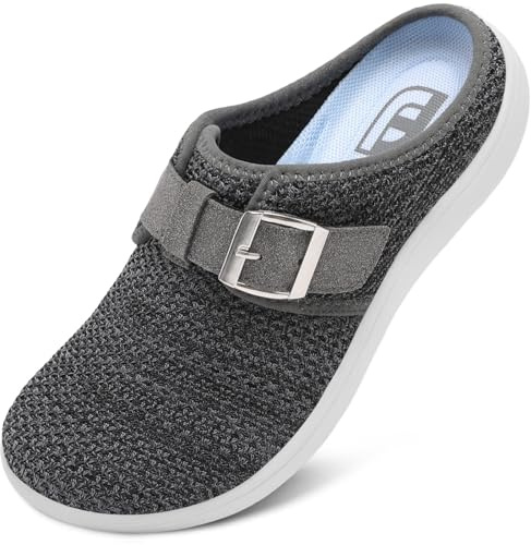 JOINFREE Womens Slippers Comfortable Wide Mules Adjustable Diabetic Slipper Breathable Zero Drop House Slip on Garden Clogs Indoor Outdoor Slipper for Edema Swollen Feet BlackGrey Size 6