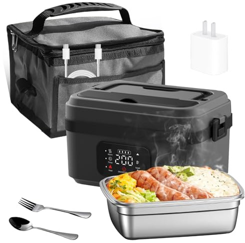 HAMON Tragbare Elektrische Lunchbox,1L Wiederaufladbar Selbstheizender Speisenwärmer mit Time,Isoliertasche Lunchbox für Erwachsene,Eheizbare Brotdose für Baustellen,Picknick,Büros(Deep charcoal)
