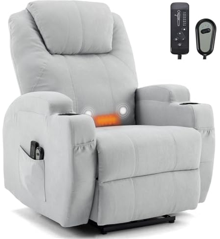 TactFire Fauteuil Électrique Relax, Fauteuil de Relaxation avec Fonction Massage et Chaleur, Inclinaison Réglable et Repose-Pieds (Gris Clair)