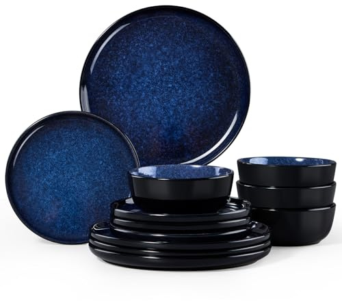 Homikit Plates and Bowls Set, 12-Piece Dinner Stoneware Set for 4 People, Reactive Glaze Dinnerware Crockery for Kitchen Dining, Microwave and Dishwasher Safe - Modern Blue