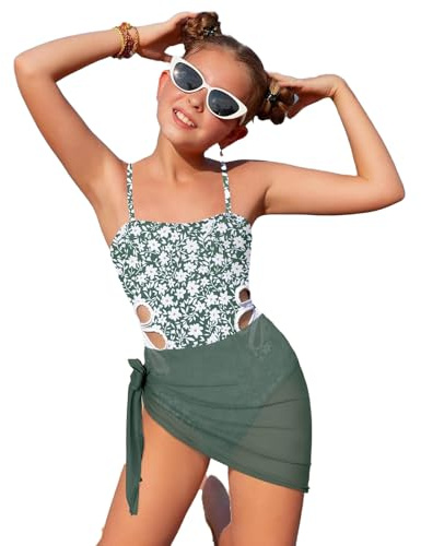 Bañador Niña 7-16 Años Natacion Una Pieza Bañadores Adolescente Chica con Relleno Cut out Tirantes Traje de Baño Piscina Flores Trikini con Falda Deportivos Playa Vacaciones