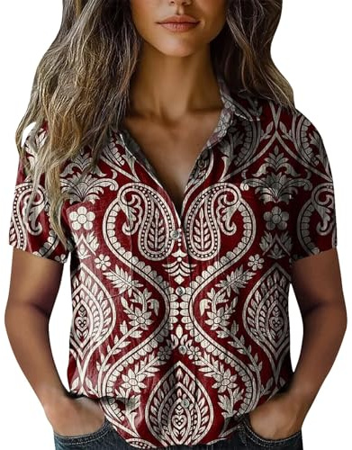 Blusa de manga corta con estampado de cachemira para mujer, cuello en V, con botones, para verano, casual, estilo bohemio, ajuste holgado, estilo étnico vintage