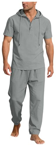 Hombre 2 Piezas de Algodón y Lino Mangas 2026 Corta capucha Pantalones Largos con Cordón Traje Casual Transpirable de Verano Holgado para Playa Viajes Paseos Hombre Conjunto Dos Piezas y (Grey #2, XL)