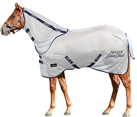 Horses, Coperta Antimosche in Rete Silver Sheet, per la Stagione Estiva, Riflette Luce e Calore, Tessuto in Rete Fitta Contro Mosche ed Insetti, 155 cm