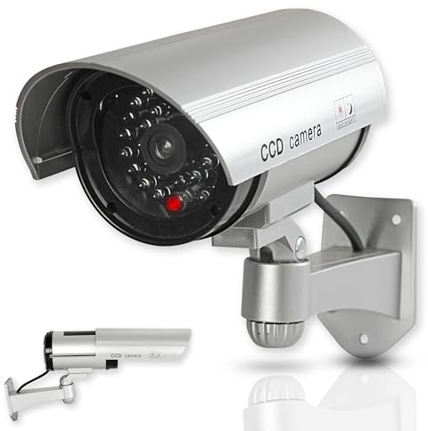 Gefälschte Überwachungskamera FISHTEC mit blinkenden LEDs - Realistische Kamera Kameraattrappe zur Abschreckung - falscher Bildschirm mit roter LED - Außeneinsatz