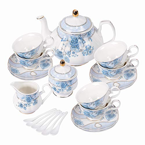 fanquare Juego de Té de Porcelana con Flores Azules, Juego de Taza y Plato de Té, Juego de Té para 6 Personas, Tetera de Boda Azucarera Jarra de Crema, Juego de Café de China
