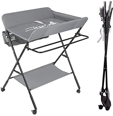 XUANYU Wickeltisch, zusammenklappbar, mit 4 Rollen, 66 x 80 x 92-98 cm, Grau / Schwarz