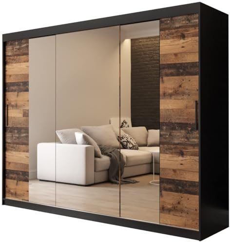 KRYSPOL Schiebetürenschrank Old Style T2 250 cm Kleiderschrank mit Spiegel Einlegeboden Schlafzimmer- Wohnzimmerschrank Schiebetüren Modern Design (Schubladen: 0)