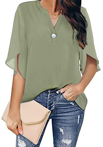 LITTLA Chemisiers Et Blouses Femme, Chemisier en Mousseline De Soie pour Femme Mode Uni Vert Sauge Pull À Col en V Chemises Tops Décontracté Lâche Fente Manches 3/4 Chemisiers Boutonnés Été Élégan