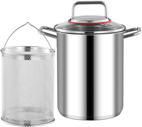 Stainless Steel Pasta Cooker Steamer Asparagus Pot 3.5L Deep Fryer Pot/Frying Pot with Basket and Lid for French Fries, Chicken, Cooking Vegetables, Dishwasher Safe