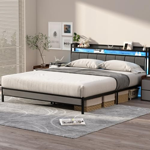 TRIUMPHKEY 180x215cm KingSize Bed Frame with LED,Double Bed Frames with Upholstered Headboard,Storage Shelf,Metal Platform Bed Frame,Under Bed Storage,Grey