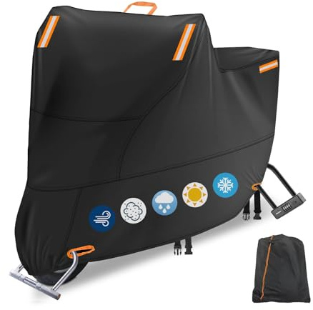 Motorcycle Cover Heavy Duty, Motorcycle Scooter Moped Cover Sun Rain Dust Protection with 4 Reflective Strips and 2 Windproof Buckles, 2 Lock-Holes for Cruisers Sportbikes (1XL: 82x37x50 inch)