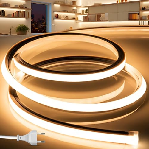 BRIMETI Striscia LED Neon 3M 220V Tubo LED Silicone Flessibile Esterno Impermeabile IP65 Nastri LED Luminosa 120 LED/M Corda Stringa Lampada, con Alimentatore di rete e Controller (Giallo)