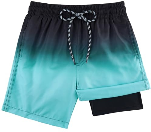 Kids4ever Boys Swimming Shorts with Compression Liner 2 in 1 Gradient Quick Dry Swim Trunks Summer Breathable Beach Boardshorts 14-16 Years Blue Green