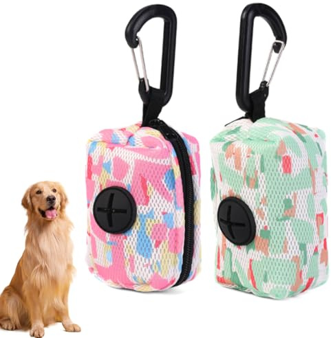2 Distribuidores de Bolsas para Excrementos de Perro de Malla, Portabolsas con Mosquetón, Bolsas Incluidas, Ideal para Paseos, Corridas y Senderismo con Tu Perro - Rosa y Verde