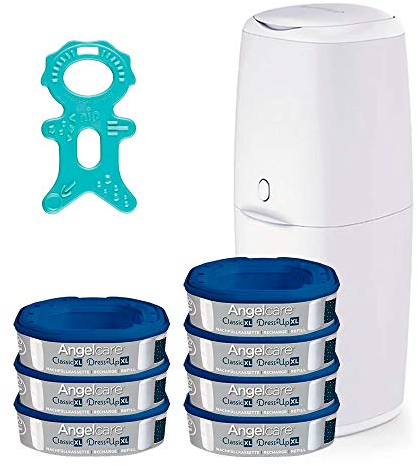 Angelcare® Classic XL Starter-Set: Windeleimer (rückenfreundliche Höhe 69cm) + 7 Nachfüllkassette + Nip® Beißmännchen