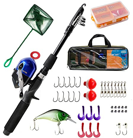 Kids Fishing Pole Spincast Youth Fishing Pole Tackle Box - with Net,Travel Bag,Rod and Reel Kit for Boys and Girls, Youth or Beginner’s (Black)