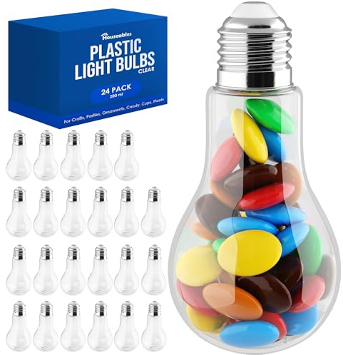 Houseables Plastic Light Bulbs, Fillable Light Bulbs, Fake Lightbulb, Plastic Lightbulbs for Crafts, Clear, Cups, Jars, Containers, Ornaments, Drink Glasses, Candy, Bottles, Party Favors, 200ML, 24PK