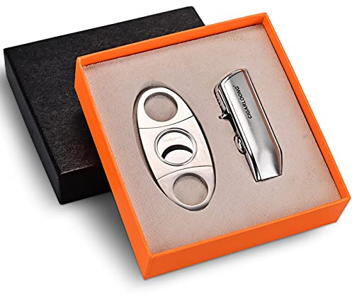CIGARLOONG Zigarrenschneider und Feuerzeug Set Doppelklinge Einfache Zigarren Guillotine und 3 Jet Torch Blue Flames Nachfüllbares Feuerzeug(Silber)