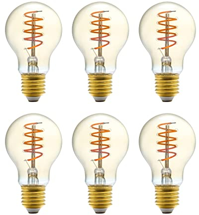 Amazon Basics Lampadina LED vintage E27, in vetro ambrato, dallo stile antico retrò, A60, 4 W (equivalente a 25 W), 1800 K, luce ultra calda per la decorazione, confezione da 6