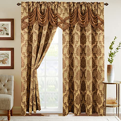 Elegant Comfort Lot de 2 Rideaux Aspect Jacquard avec cantonnière Cascade attachée, 137,2 x 213,4 cm, doré/Taupe