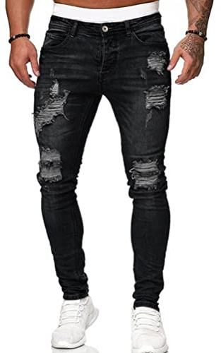 Oanviso Vaqueros Rasgados de Hombre Skinny Denim Jeans Hip Hop Slim Fit Pantalone Casuales Elasticos Agujero Pantalón Largo Hombre Vaqueros Ajustados A Negro M