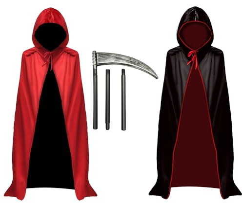 WINUSD Devil Costume and Grim Reaper Scythe Accessories, Halloween Hooded Vampire Cape Reversible Cloak for Adult, Black and Red Devil Cape, Grim Reaper Scythe Weapon For Halloween (Death Suit Set)