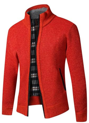 Homme Automne-Hiver Slim-Fit Confortable-Casual Cardigans-Veste - Ouvrez-Front Zippé Couleurs Unie Gilet Léger Chandail Traditionnelle Tricoté Chaud pour Homme avec Poche et Col Droit Rouge Orangé L