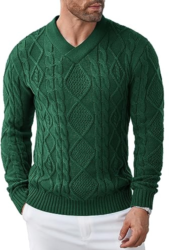 COOFANDY Maglione da Uomo Slim Fit con Scollo a V a trecce Maglione in Maglia di Cotone Maglione Maglione Invernale a Maniche Lunghe-Verde M