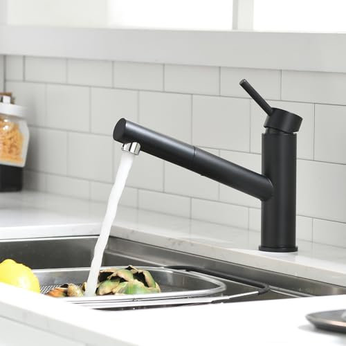 AIMADI Grifo de cocina extensible monomando con manguera de extracción de 38 cm, orientable 120°, aspecto de acero inoxidable, color negro