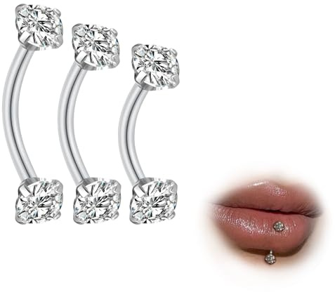 ESHIONER G23 Titane Piercing Arcade, Langue, Nombril, Labret Vertical, Lip Bar, Daith Bananes Homme Femme Hypoallergénique Argent CZ 6mm, 8mm, 10mm, 16G 3PCS