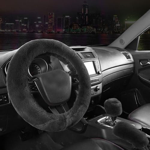 AYNKH 3 Stück Winter Warm Plüsch Lenkradbezug 38cm Flauschige Radabdeckung Handbremsenabdeckung Schaltabdeckung Auto Dekoration für Mann Frau Autoliebhaber Schwarz