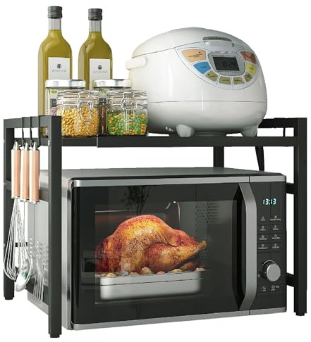 Braozaiw Scaffale per microonde, 2 ripiani espandibile per microonde con 6 supporti, per pentole e padelle, grill, forno a microonde, scaffale da cucina, nero
