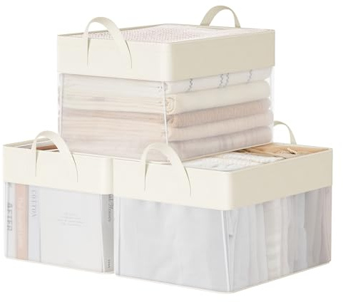 SONGMICS Storage Bins Set of 3, Medium Fabric Storage Baskets, Foldable Organiser with Transparent Nylon Mesh, 40 x 30 x 25 cm, Handles, for Bedroom, Living Room, Cream White RFB940W01
