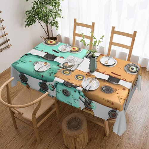 WPUTY Cute Cartoon Robots Printed Rectangle Tablecloth with Decorative Lace Edge, 183x137CM Washable Fabric Farmhouse Table Cover for Dining, Banquets & Weddings