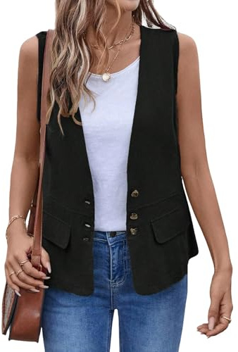 IDEALSANXUN Linen Vest Women 2026 Spring Summer Casual Lightweight Button Down Sleeveless Blazer Jackets Cardigan Waistcoat Cotton Vest Tops, Black, XL