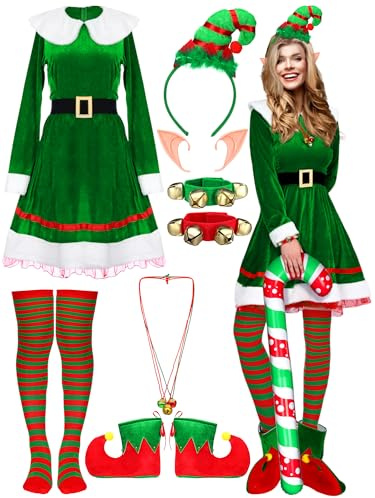 Nuanchu 14 Pcs Women Christmas Elf Costume Set Christmas Velvet Dress Santa's Helper Costume Outfit for Xmas Party Cosplay(Small)