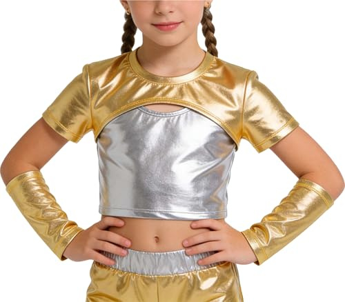 LOLANTA Top Metallizzate Bambina Corpetto Danza Lucido Danza Maglietta Danza Moderno Jazz Hip-Hop Brillanti Top per Ballo con Maniche Metalliche, Oro, 5-6 Anni, 120