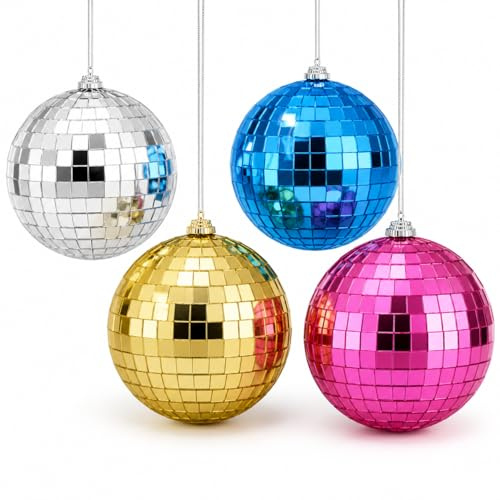 Youdepot 10 cm Disco Ball 4 Pack, Multi-Colour Hanging Mirror Balls with String, Glitter Ball Decorations for Christmas Tree, Wedding, Birthday Party, DJ Stage, Garden and Home Decor
