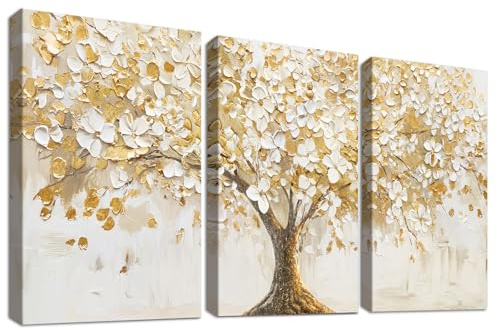 3 Pcs Wooden Framed Canvas Wall Art Set White Flowers Gold Leaves Tree Painting on Canvas Prints Poster Autumn Abstract Flowering Tree of Life Pictures for Living Room Bedroom Wall Decor 30x40 cm x3
