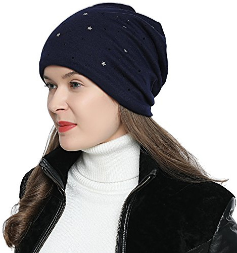 Dammössa vintermössa slouch beanie stjärna svart strass mörkblå