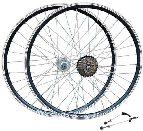Madspeed7 QR 700c 28” (ETRTO 622x19) Hybrid Bike Wheel Set + 7 speed Freewheel (14-28t) - Rim & Disc Brake Compatible - Sealed Bearings Disc Brake Hubs (Very Smooth) - Double Wall - 32x Spokes