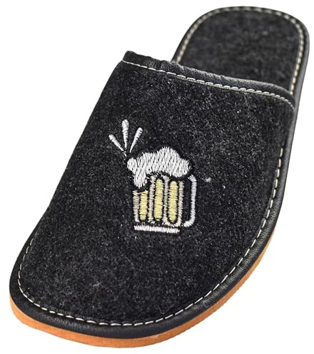 APREGGIO Pantofole Uomo in Feltro con Suola in Gomma Antiscivolo – Calde e Comode per Casa – Design con Boccale di Birra Ricamato - Nero 45