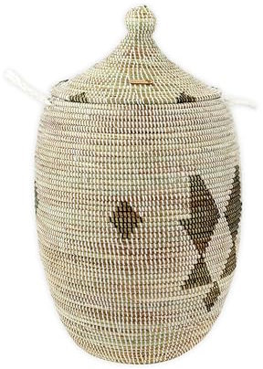 YAADU Cesto per biancheria con coperchio 100L - Raccoglitore per biancheria XXL, cesto con coperchio grande, scatole per biancheria, cesto africano, Modello Accra (Bianco-Nero)