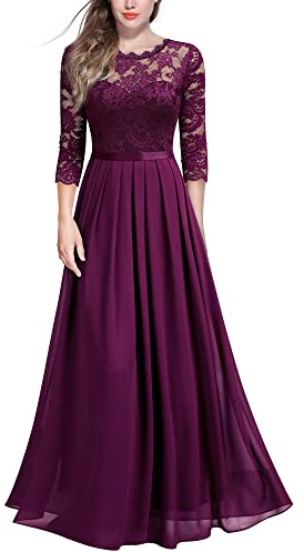 MIUSOL Women's Retro Floral Lace 3/4 Sleeve Wedding Bridesmaid Maxi Dress (X-Large, Magenta)