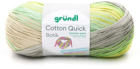 Gründl Ull Cotton Quick Batik stickgarn/virkgarn (garn med färggradient av 100% bomull, OEKO-TEX certifierad, 100 g/260 m, nåltjocklek: 3–4, 5 x 100 g), natur-turkos-gul-grön